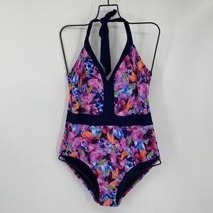 Lands End halter swimsuit colorful one-piece navy pink floral tie tank new 10